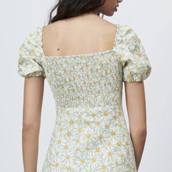 NWOT ZARA Floral Daisy Printed Linen Blend Dress Straight Neckline - Picture 4 of 10